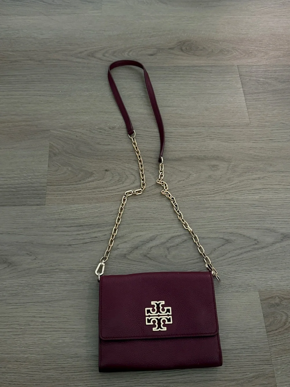 Tory Burch Burgundy Pebbled Leather Crossbody with Gold Logo Chain